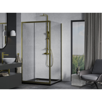 Mexen Apia výsuvná sprchová kabína 90 x 90 cm, priehľadná, zlatá + plochá sprchová vanička, čierna - 840-090-090-50-00-4070G