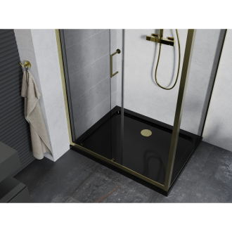 Mexen Apia výsuvná sprchová kabína 130 x 90 cm, priehľadná, zlatá + plochá sprchová vanička, čierna - 840-130-090-50-00-4070G