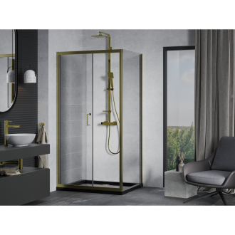 Mexen Apia výsuvná sprchová kabína 140 x 70 cm, priehľadná, zlatá + plochá sprchová vanička, čierna - 840-140-070-50-00-4070G
