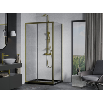 Mexen Apia výsuvná sprchová kabína 140 x 70 cm, priehľadná, zlatá + plochá sprchová vanička, čierna - 840-140-070-50-00-4070G