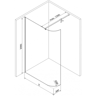 Mexen Kyoto zaoblená sprchová stena Walk-in 80 x 200 cm, transparentná 8 mm, čierna - 800-080-101-70-06