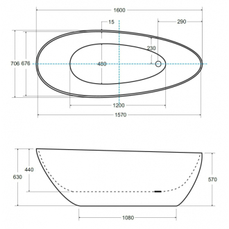 GOYA 1600x700 mm, čierna/biela farba VANSAL16BW vaňa voľne stojaca z liateho mramoru