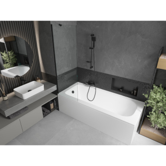 Mexen Vega obdĺžniková vaňa 150 x 70 cm s plášťom a 1 krídlovou zástenou 60 cm, priehľadná, čierna - 550115070X9506000070