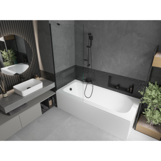 Mexen Vega obdĺžniková vaňa 150 x 70 cm s plášťom a 1 krídlovou zástenou 80 cm, priehľadná, čierna - 550115070X9508000070