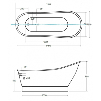 vaňa voľne stojaca z liateho mramoru GLORIA (PAOLA) 1500x660 mm, biela farba VANPAO15W