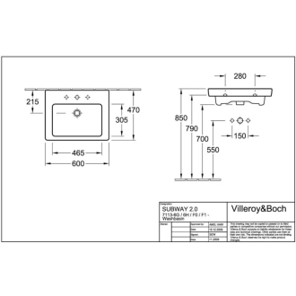Villeroy&amp;Boch SUBWAY 2.0 umývadlo 600x470 s otvorom 7113F001