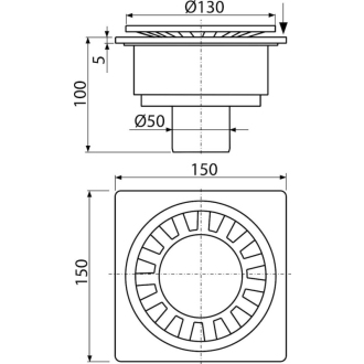 ALCA APV16 Podlahový vpust 150×150/50 mm priama, mriežka sivá, vodná zápachová uzávera