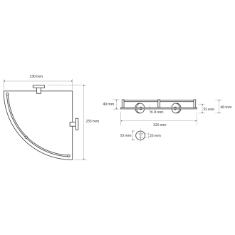 X-ROUND E sklenená polička rohová s hrazdou 250x70x250mm, chróm XR605