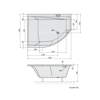 TANDEM L asymetrická vaňa 170x130x50cm, biela (06611) 96611