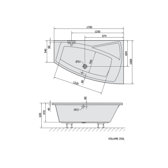 EVIA R asymetrická vaňa 170x100x47cm, biela 22611