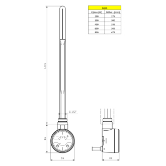 MOA vykurovacia tyč s termostatom, 600 W, chróm MOA-C-600