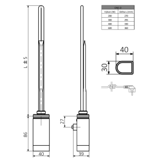 ONE D vykurovacia tyč s termostatom, 200 W, ľavá, chróm ONE-DL-C-200