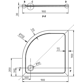 TECMI sprchová vanička z liateho mramoru, štvrťkruh 90x90x3 cm, R55 PQ559