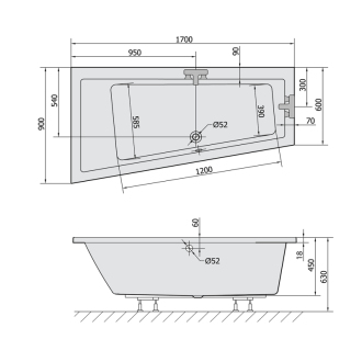 ANDRA L SLIM asymetrická vaňa 170x90x45cm, biela 81111S