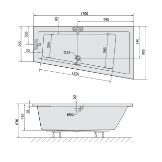 ANDRA R SLIM asymetrická vaňa 170x90x45cm, biela 81511S
