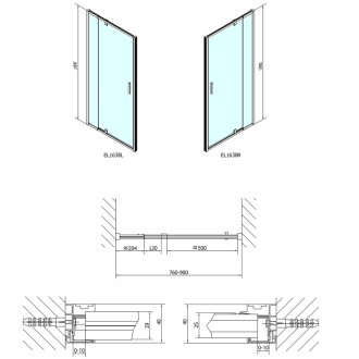 EASY LINE sprchové dvere otočné 760-900mm, sklo BRICK EL1638