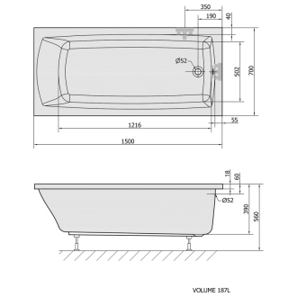 LILY SLIM obdĺžniková vaňa 150x70x39cm, biela 72273S