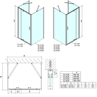 EASY LINE sprchovací kút 800-900x1000mm, pivot dvere, Ľ/P, Brick sklo EL1638EL3438EL3438