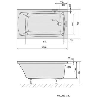 LILY SLIM obdĺžniková vaňa 120x70x39cm, biela 25111S
