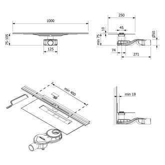 SLIM RIVER nerezový podlahový žľab s roštom, L-400-1000, DN50 RV100