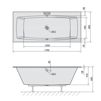 KVADRA SLIM obdĺžniková vaňa 170x80x47cm, biela 18611S