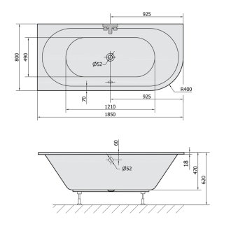 VIVA L SLIM asymetrická vaňa 185x80x47cm, biela 72099S