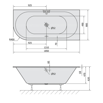 VIVA R SLIM asymetrická vaňa 185x80x47cm, biela 72129S