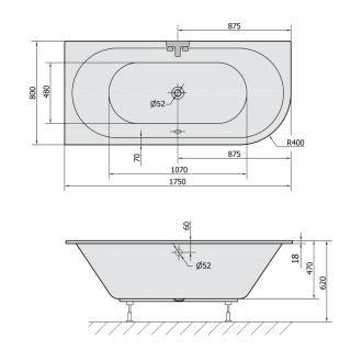 VIVA L SLIM asymetrická vaňa 175x80x47cm, biela 70119S