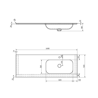 ARUBA umývadlo vpravo, 160x51,5 cm, Rockstone biela mat AR160-B1R