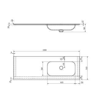 ARUBA umývadlo vpravo, 190x51,5 cm, Rockstone biela mat AR190-B1R