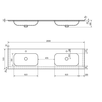 ARUBA dvojumývadlo uprostred, 200x51,5 cm, Rockstone biela mat AR200-B2M