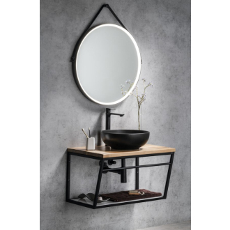 ORBITER okrúhle LED podsvietené zrkadlo s koženým pásikom, ? 70cm, čierna mat ORL070