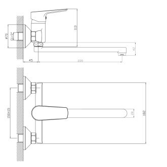LOTTA nástenná batéria, ramienko ploché, 220 mm, čierna mat LT642B