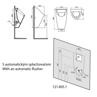 SCHWARN urinál s auto. Splach, 6V DC, zadný prívod, zadný odpad 201.722.4