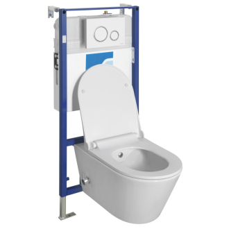 Závesné WC AVVA Rimless batérie a bidet. spŕška s nádržkou a tlačidlom, biela 100315-SET5