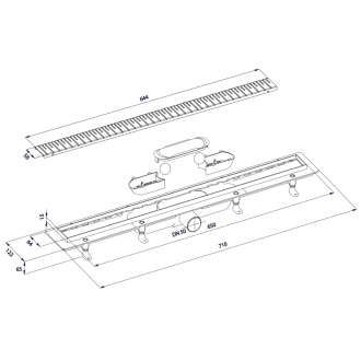 KLAVER BLACK sprchový kanálik s nerezovým roštom, superflow, DN50, 710x122x65 mm 73721B