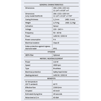 Bezdotykový elektrický sušič rúk 220-240V, 2050W, 218x284x102 mm, nerez mat 01481.S