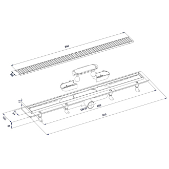 Sprchový kanálik s nerezovým roštom, DN50, 910x122x65 mm 700.159.2