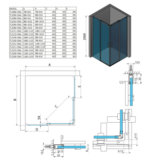 THRON LINE SQUARE obdĺžnikový sprchovací kút 1100x800mm, rohový vstup TL2180-5002