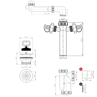 Drezový sifón šetriaci miesto, 2x odbočka, nerez výpusť so zátkou, 6/4&quot; DN40, biela 155.124.0