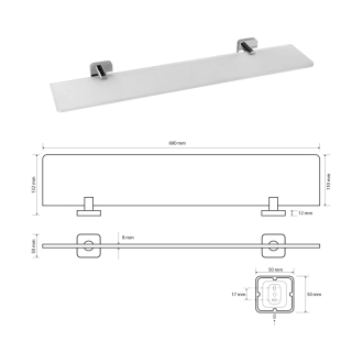 INSIA polička sklenená 600x50x132 mm, chróm IS015