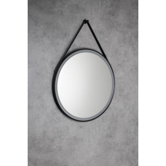 STAGO okrúhle zrkadlo s LED osvetlením 60cm, kožený opasok, dotykový senzor, čierna mat SG060