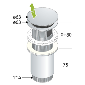 Umývadlová výpusť 5/4“, click-clack, veľká zátka, max 80mm, čená mat 7533.370.5X