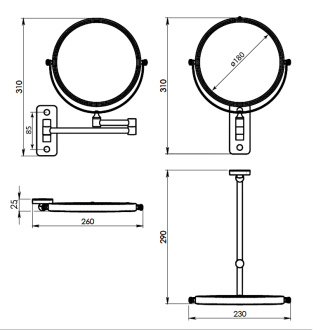 GAIA kozmetické zrkadlo závesné, priemer 230mm, obojstranné, zlato mat CO202488