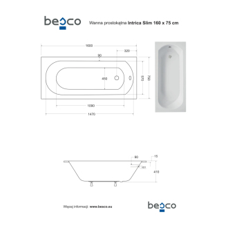 BESCO vaňa INTRICA SLIM 160 (1600x750 mm), bez nožičiek VANINTRICA160SL