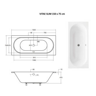 BESCO vaňa VITAE SLIM 150 (1500x750 mm), bez nožičiek VANVITAE150SLIM