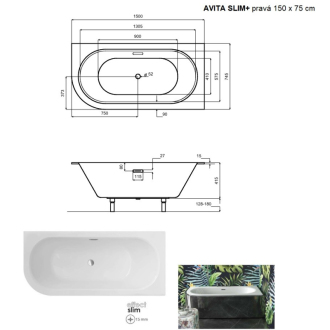 BESCO vaňa AVITA SLIM PLUS 150 1500x750 mm, pravé prevedenie, bez nožičiek VANAVIT15SLIMPP