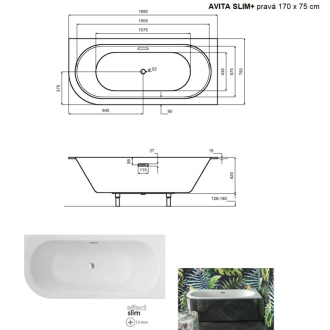 BESCO vaňa AVITA SLIM PLUS 170 1700x750 mm, pravé prevedenie, bez nožičiek VANAVIT17SLIMPP