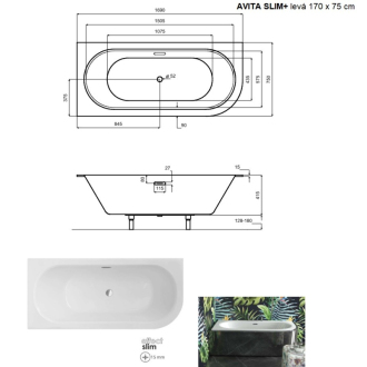 BESCO vaňa AVITA SLIM PLUS 170 1700x750 mm, ľavé prevedenie, bez nožičiek VANAVIT17SLIMLP