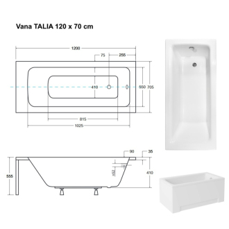 BESCO vaňa TALIA 120 (1200x700 mm), bez nožičiek VANTAL12